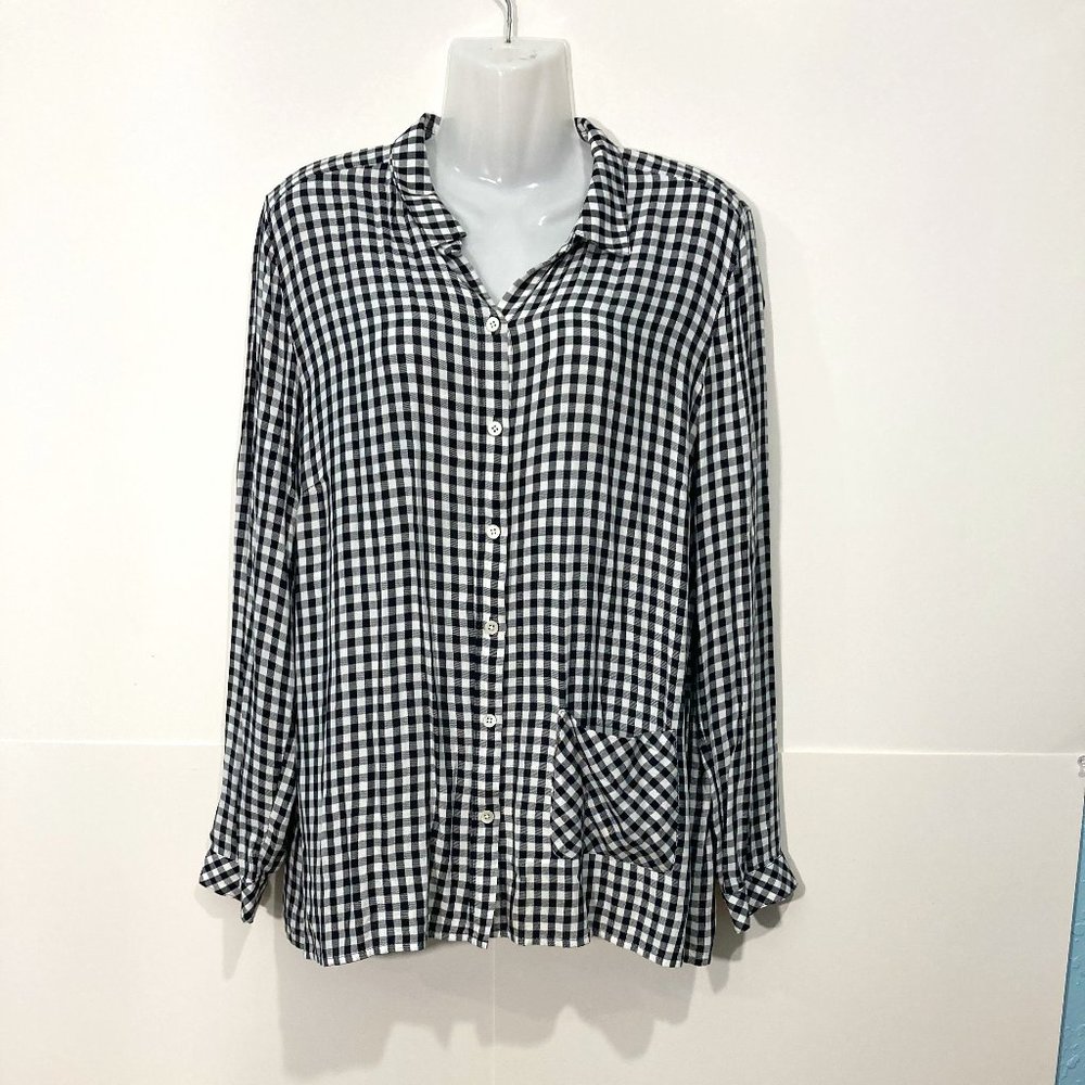 J Jill Button up shirt black white gingham single pocket long sleeve soft size M - Picture 2 of 12